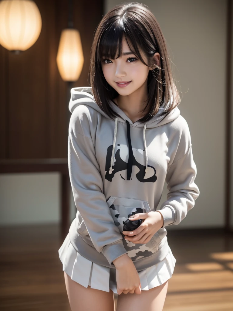 (8k, RAW Photos, highest quality, Tabletop:1.2), (Realistic, Photorealistic:1.4), (Highly detailed 8k wallpaper), Sharp focus, Depth of written boundary, Blur the background, Bokeh, Cinema Lighting, Soft Light, (whole body), 1 girl,18 years old famous Japanese idol, Perfect female body, indoor, (White and grey camouflage hoodie and black micro mini pleated skirt : 1.3), (Long, slender legs), (smile), Glossy lips, Beautiful fine details,Natural Makeup, Shiny and smooth light brown long bob hair, Asymmetrical bangs, Shiny skin, Center image, High resolution, Attention to detail, Detailed hairstyle, Detailed face, 素晴らしいCinema Lighting, Octane Rendering, Vibrant, Ultra-realistic, Perfect limbs, Perfect Anatomy