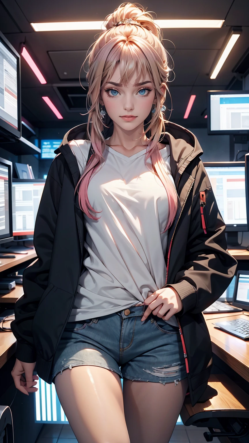 (whole body:ung girl, Smart Casual, Hacker's Server Room, Detailed face, ((Cool look)), (Short, straight, thin bangs:1.2), Super detailed photos, (Realistic), (Intricate details:1),(masterpiece :1), (highest quality:1), 超High resolution, (Fine grain), (Detailed faceの特徴), High resolution, 8K resolution, (Lens flare:0.5), Light from afar, (smile, joy) 、Wear leggings