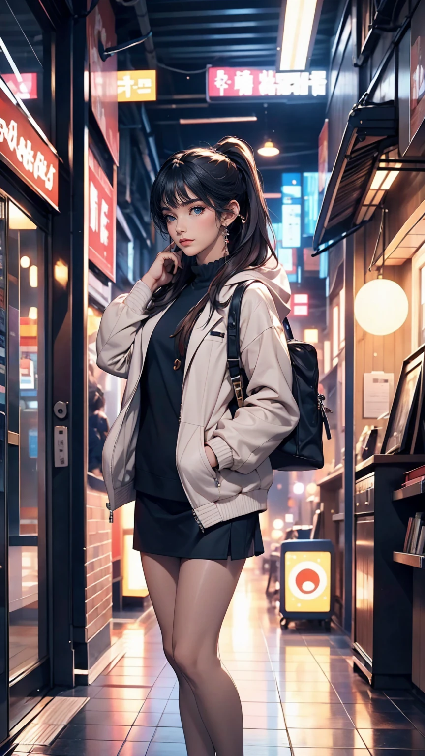 (whole body:1) Young girl, Smart Casual, Hacker&#39;s Server Room, Detailed face, ((Cool look)), (Short, straight, thin bangs:1.2), Super detailed photos, (Realistic), (Intricate details:1),(masterpiece :1), (highest quality:1), 超High resolution, (Fine grain), (Detailed faceの特徴), High resolution, 8K resolution, (Lens flare:0.5), Light from afar, (smile, joy) 、Wear leggings
