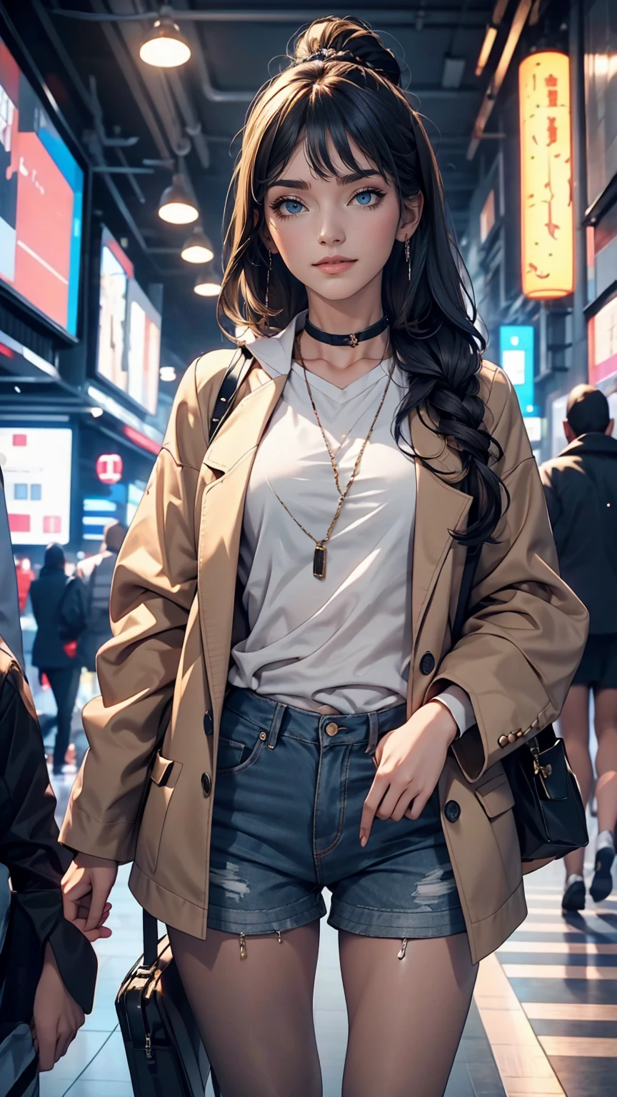 (whole body:1) Young girl, Smart Casual, Hacker&#39;s Server Room, Detailed face, ((Cool look)), (Short, straight, thin bangs:1.2), Super detailed photos, (Realistic), (Intricate details:1),(masterpiece :1), (highest quality:1), 超High resolution, (Fine grain), (Detailed faceの特徴), High resolution, 8K resolution, (Lens flare:0.5), Light from afar, (smile, joy) 、Wear leggings