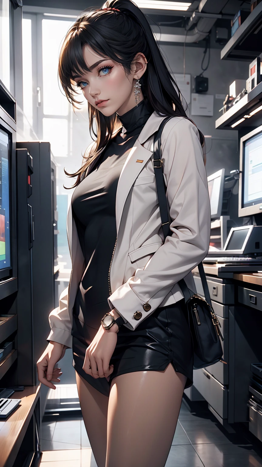 (whole body:1) Young girl, Smart Casual, Hacker&#39;s Server Room, Detailed face, ((Cool look)), (Short, straight, thin bangs:1.2), Super detailed photos, (Realistic), (Intricate details:1),(masterpiece :1), (highest quality:1), 超High resolution, (Fine grain), (Detailed faceの特徴), High resolution, 8K resolution, (Lens flare:0.5), Light from afar, (smile, joy) 、Wear leggings