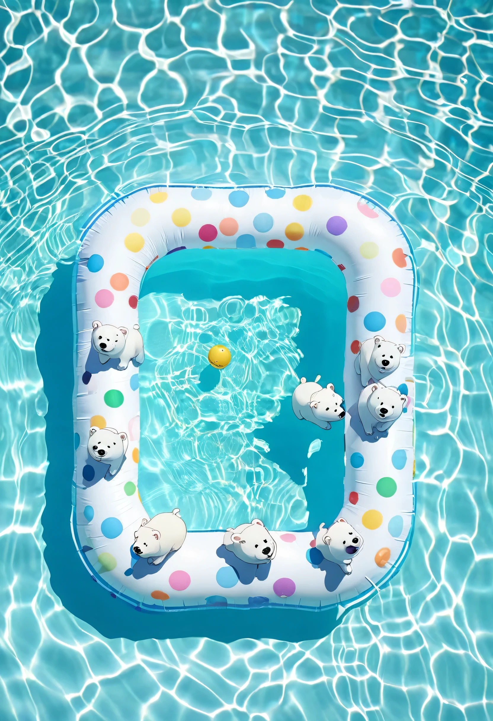 An iPhone Pro photo shows cute little white bears swimming in a pool. An inflatable ring and two beach balls float on top of the water, which has light blue ripples. The style should be a detailed anime drawing in the style of a game UI interface, with a simple background, dreamy pastel color scheme, and vibrant colors with playful shadows. --ar 59:128, 8k