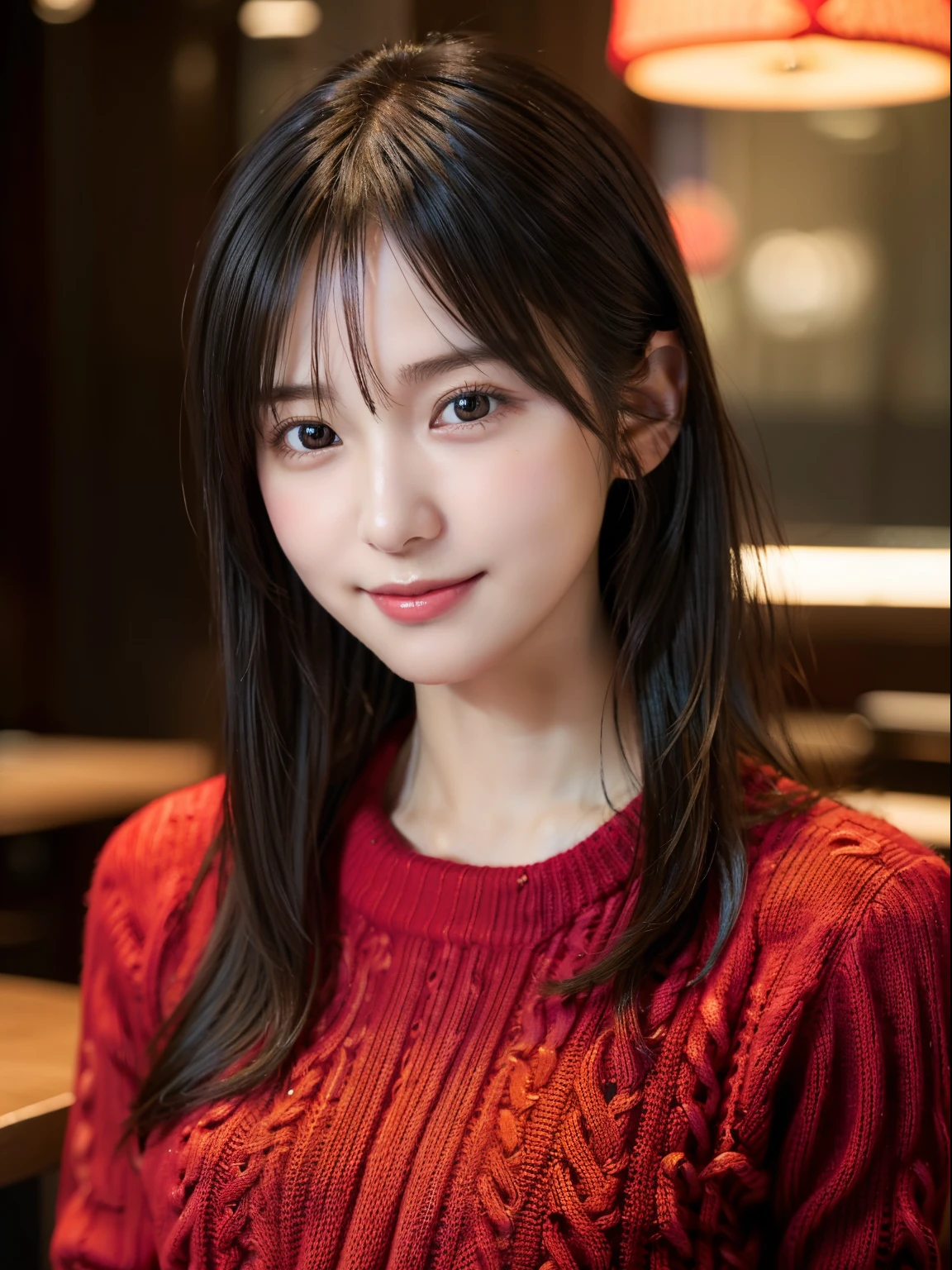 1 Japanese girl,(Colorful red sweater:1.4), (RAW Photos, highest quality), (Realistic, Photorealistic:1.4), Tabletop, Very delicate and beautiful, Very detailed, 8k wallpaper, wonderful, In detail, Very detailedなCG Unity, High resolution, Soft Light, Beautifully detailed 19 year old girl, Very detailedな目と顔, Beautifully detailed nose, Beautiful fine details,Cinema Lighting,Coffee shop,Perfect Anatomy,Slender body,G-Cup,smile (My hair is messy, Asymmetrical bangs, Black Hair,semi-long)