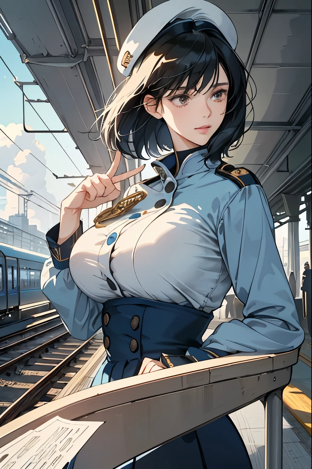 Only one female, Are standing, (Extend your arms towards the viewer:1.1) (Point with your index finger:1.2), (conductor) (Calm blue uniform) Have, Mature Woman, /(Black Hair/) bangs, (A light smile:0.8), (Masterpiece of the highest quality:1.2) Delicate illustrations, super detailed, Big Breasts, White Glove Break (Station platform:1.2), (Trains that have stopped), roof, Crowded, noon, Detailed Background