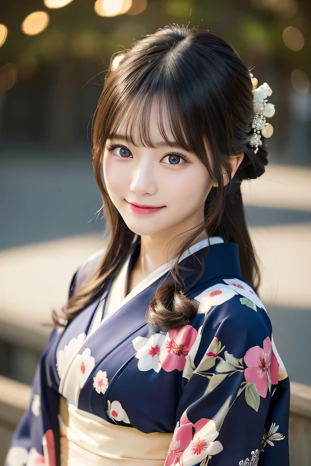 （formal kimono）、masterpiece、beautiful girl、Beautiful detailed eyes、highest quality, 超A high resolution, (reality: 1.2), Cinema Lighting、(Japanese Girls)、so beautiful、Beautiful Skin、(Looking at the audience)、(Surreal)、(High resolution)、(8k)、(Very detailed)、(Beautiful fine details)、(Very detailed)、 (wallpaper)、Detailed face、Bright lighting、Professional Lighting、Smile