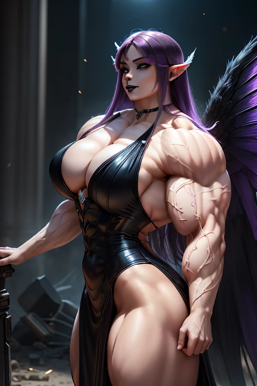 ((((Massive, beautiful, buff, pale white skinned muscular dark angel woman with violet hair, black lipstick, glowing black eyes, huge black angel wings, ginormous bulky muscles and wearing a beautiful black angel dress)))), {close view}, massive muscles, massive biceps, hyper muscle shoulders, massive muscle arms, vascular shoulders, hyper muscle triceps, huge angel wings, (long hair with long bangs), black eyes, choker, angel gauntlets, in front of a meteor shower in a Destroyed City, devious smile, hyper muscles arms, hyper muscle legs, (massive arms).