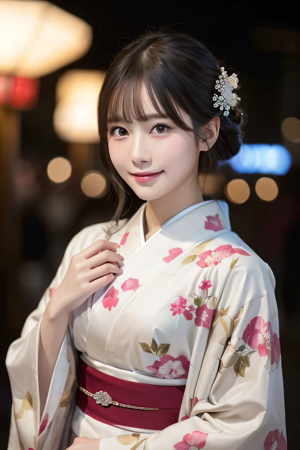 (formal kimono)、masterpiece、beautiful girl、Beautiful detailed eyes、highest quality, 超A high resolution, (reality: 1.2), Cinema Lighting、(Japanese Girls)、so beautiful、Beautiful Skin、(Looking at the audience)、(Surreal)、(High resolution)、(8k)、(Very detailed)、(Beautiful fine details)、(Very detailed)、 (wallpaper)、Detailed face、Bright lighting、Professional Lighting、Smile