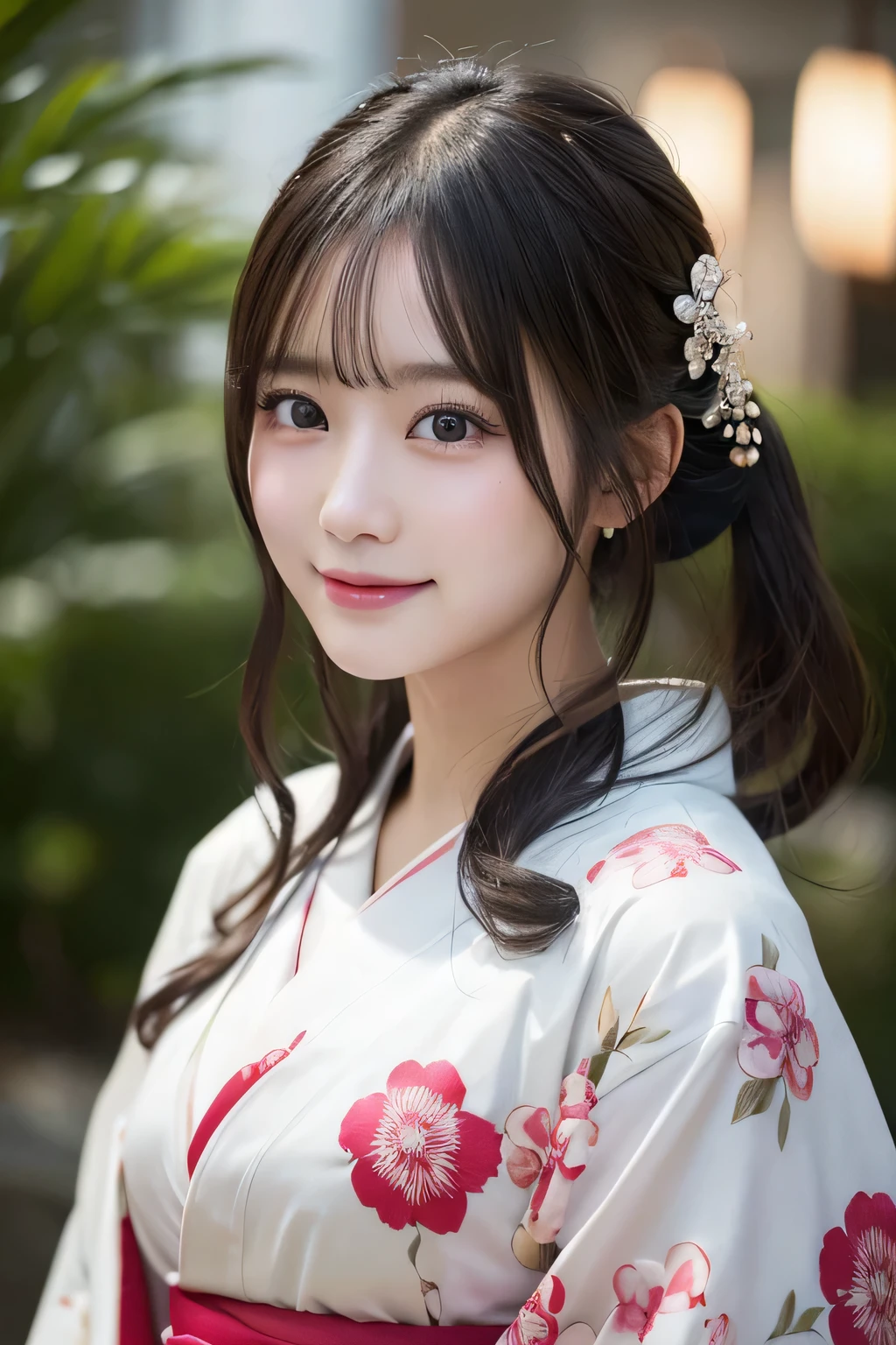 (formal kimono)、masterpiece、beautiful girl、Beautiful detailed eyes、highest quality, 超A high resolution, (reality: 1.2), Cinema Lighting、(Japanese Girls)、so beautiful、Beautiful Skin、(Looking at the audience)、(Surreal)、(High resolution)、(8k)、(Very detailed)、(Beautiful fine details)、(Very detailed)、 (wallpaper)、Detailed face、Bright lighting、Professional Lighting、Smile
