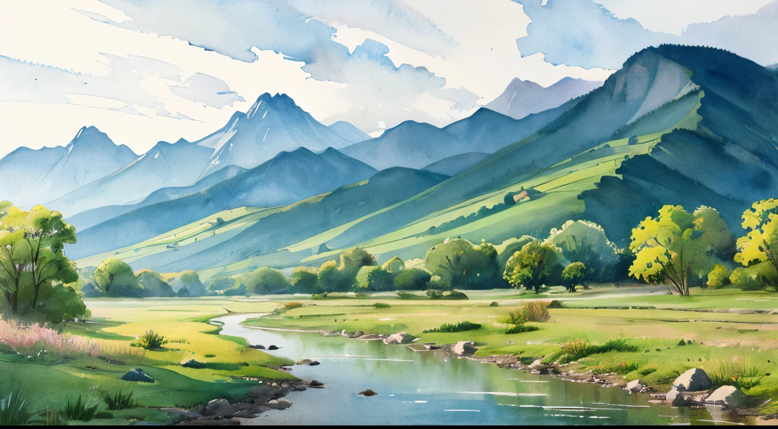 a painting of a river with a mountain in the background, 水彩Landscape painting, Serene landscape, Landscapes depicted, Landscape painting, Serene landscape, Dreamy landscape, in a Serene landscape, Watercolor digital painting, Watercolor風, Artistic landscape, Watercolor, Landscape painting, Romantic Landscape, blissful landscape, Watercolor, Landscape painting, Nature painting, Beautiful Art UHD 4K