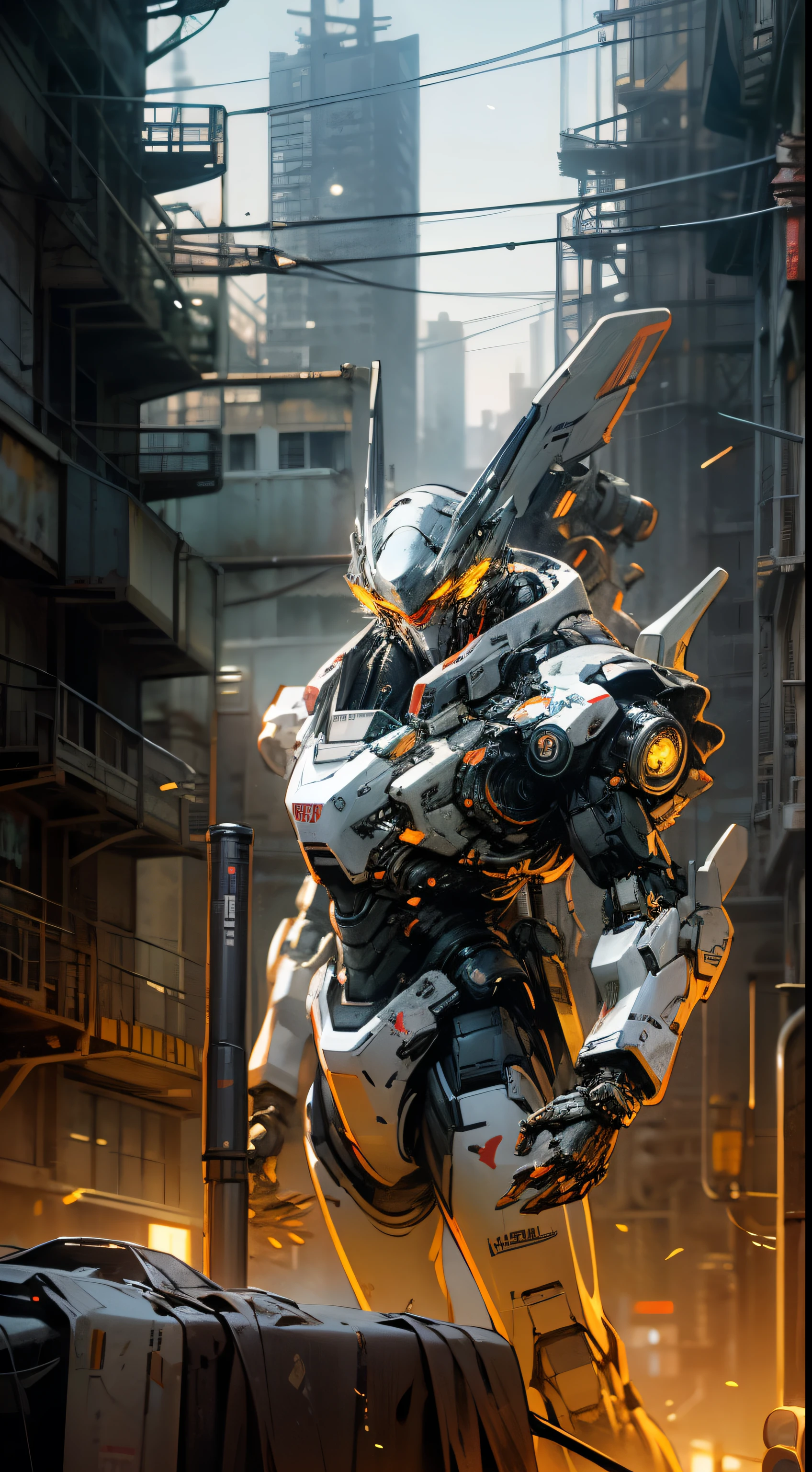 On the moon,barren planets, ruins, holding_weapon, no_humans, glowing, robot, building, glowing_eyes,orange mecha, science_fiction, city, realistic,mecha,Milky Way Galaxy background,neon,cyberpunk,steampunk chrome white black
