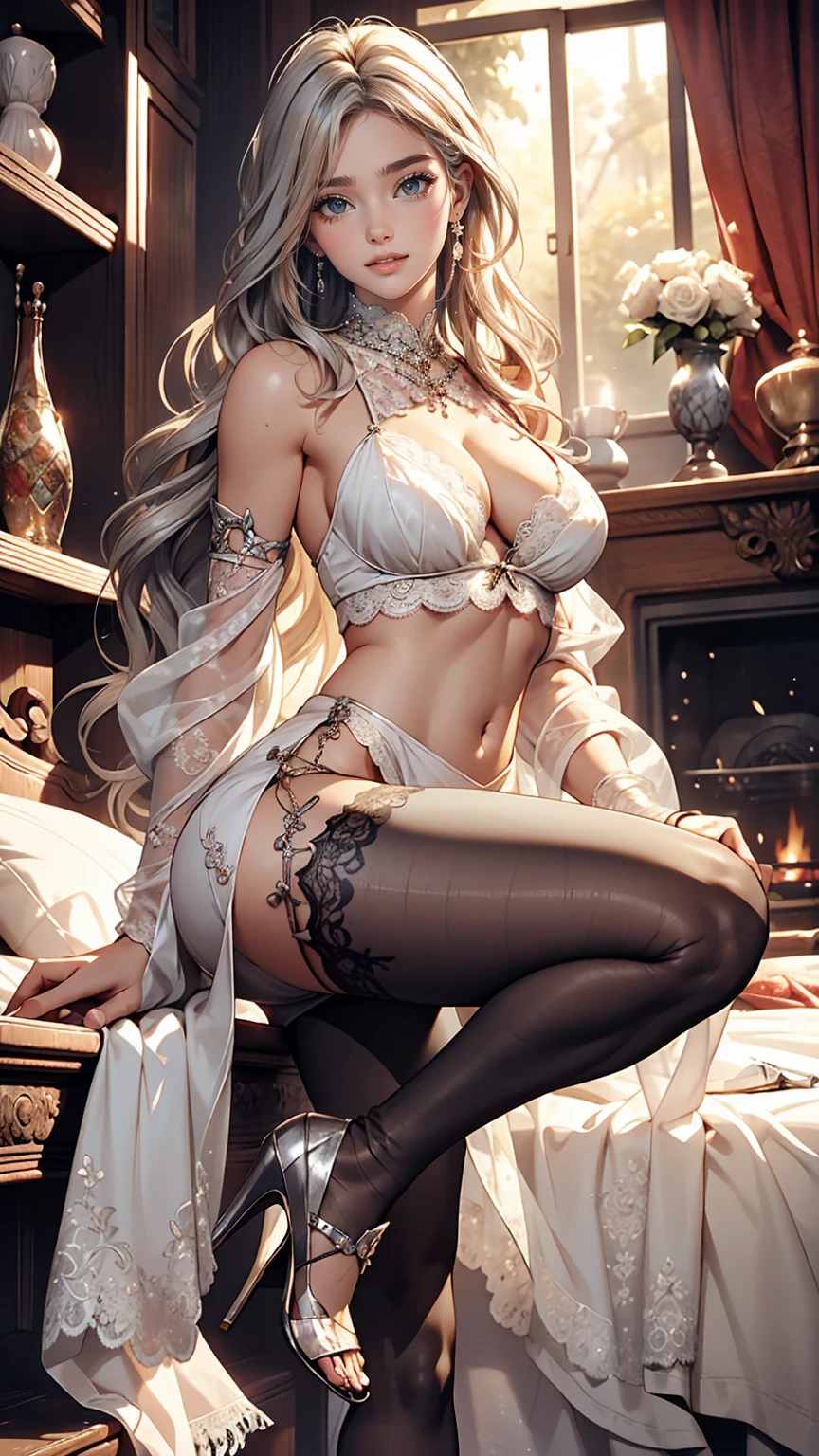 24 year old Caucasian female、Silver Hair、long hair、Hair becomes wavy、Outstanding proportions、Wear a sheer romper decorated with lace、Breasts are visible through the skin、I can see my belly button、Wear low rise leggings、Wear stiletto heels、Cowboy Shot、sexy pose