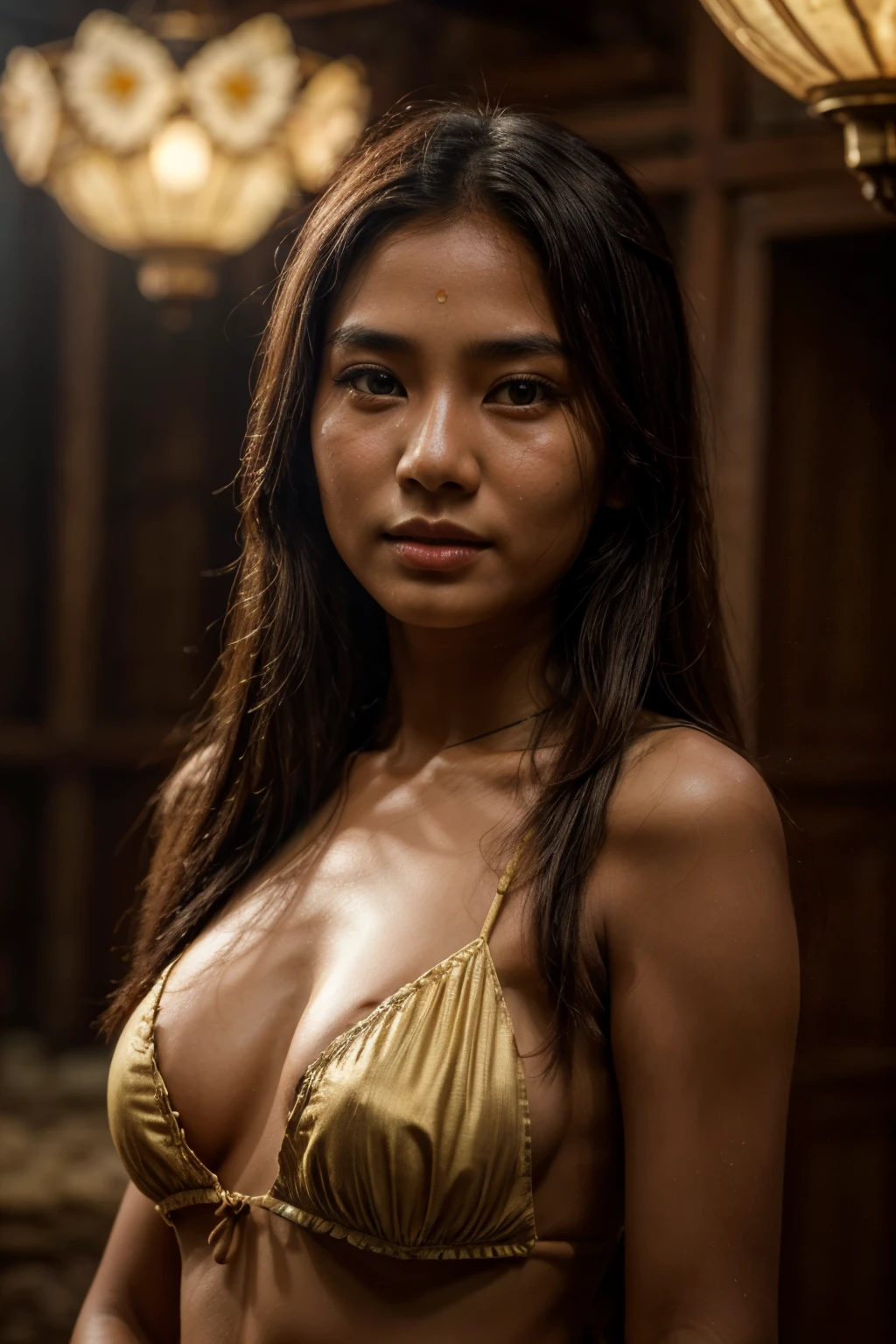 a beautiful young Myanmar girl wearing a flower bikini and traditional Myanmar dress, extremely detailed facial features, beautiful long hair, soft glowing lighting, cinematic look, detailed intricate patterns on dress, photorealistic, 8k, masterpiece