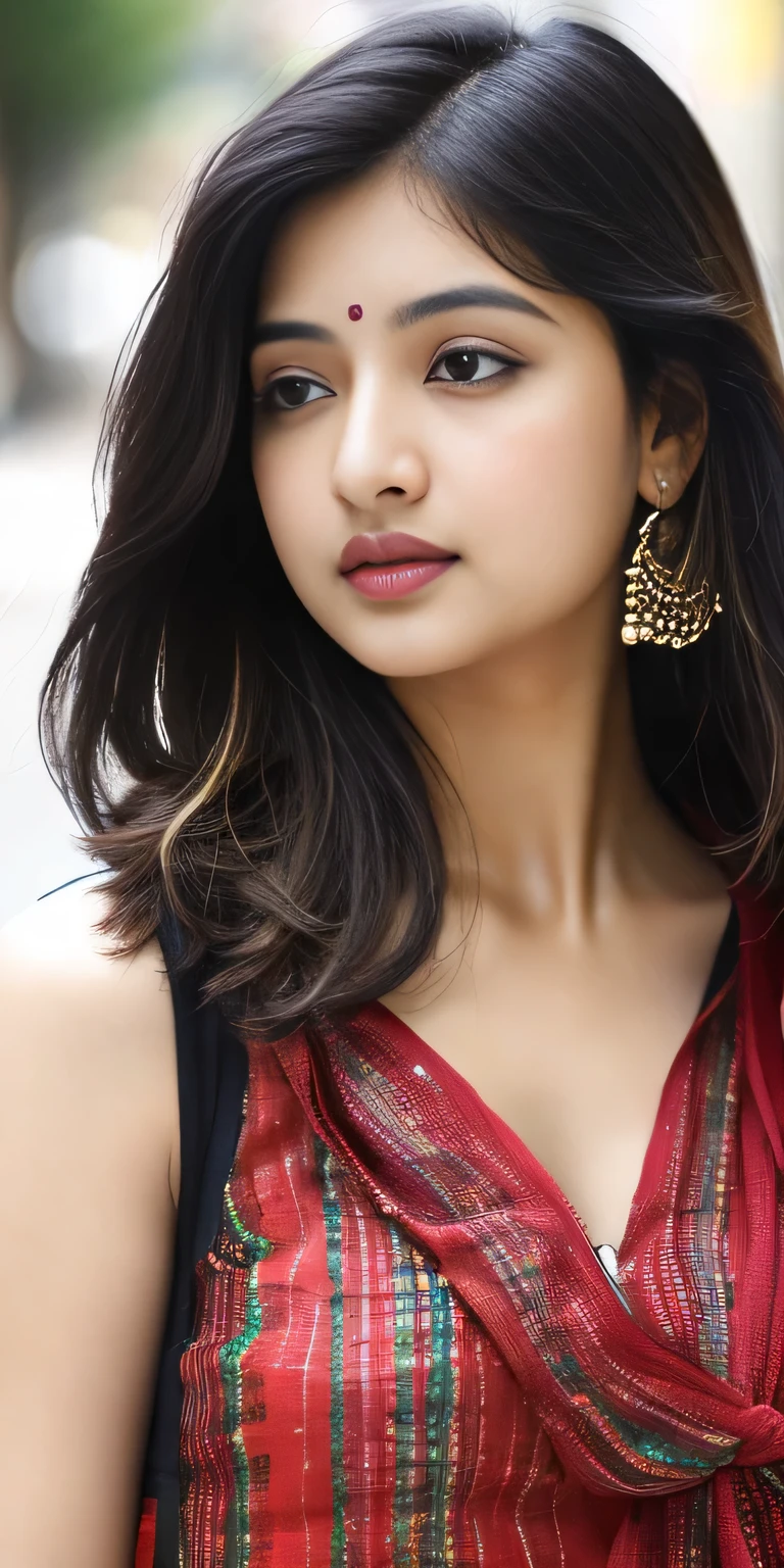 (((desi girl))), chubby face, natural skin, wearing hot deep neck top and dupatta, charming black hair, ((hair ends are blonde)), city streets background, bokeh