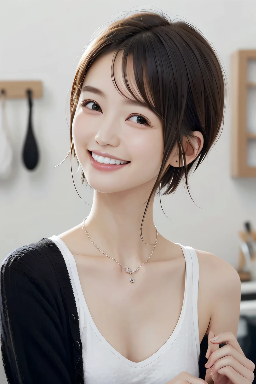 05 ((short hair)), 20-year-old female, In underwear、cardigan、Shoulder Fashion、Only one shoulder is exposed、smile、Beautiful teeth alignment、Black Hair、ear piercing、Necklace around the neck、Looking into the camera, Waiting for the start