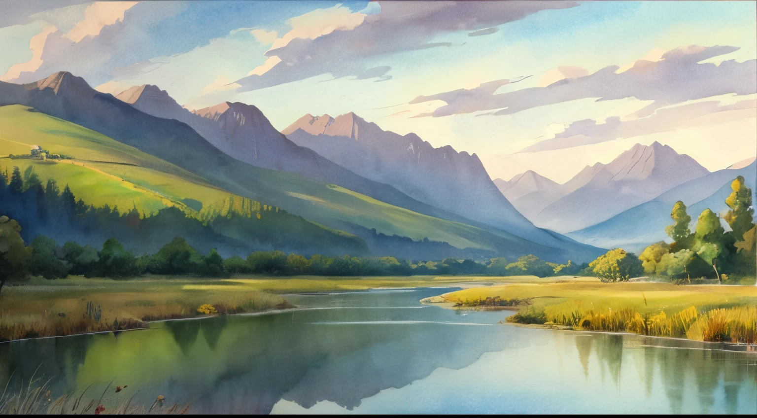 a painting of a river with a mountain in the background, 水彩Landscape painting, Serene landscape, Landscapes depicted, Landscape painting, Serene landscape, Dreamy landscape, in a Serene landscape, Watercolor digital painting, Watercolor風, Artistic landscape, Watercolor, Landscape painting, Romantic Landscape, blissful landscape, Watercolor, Landscape painting, Nature painting, Beautiful Art UHD 4K