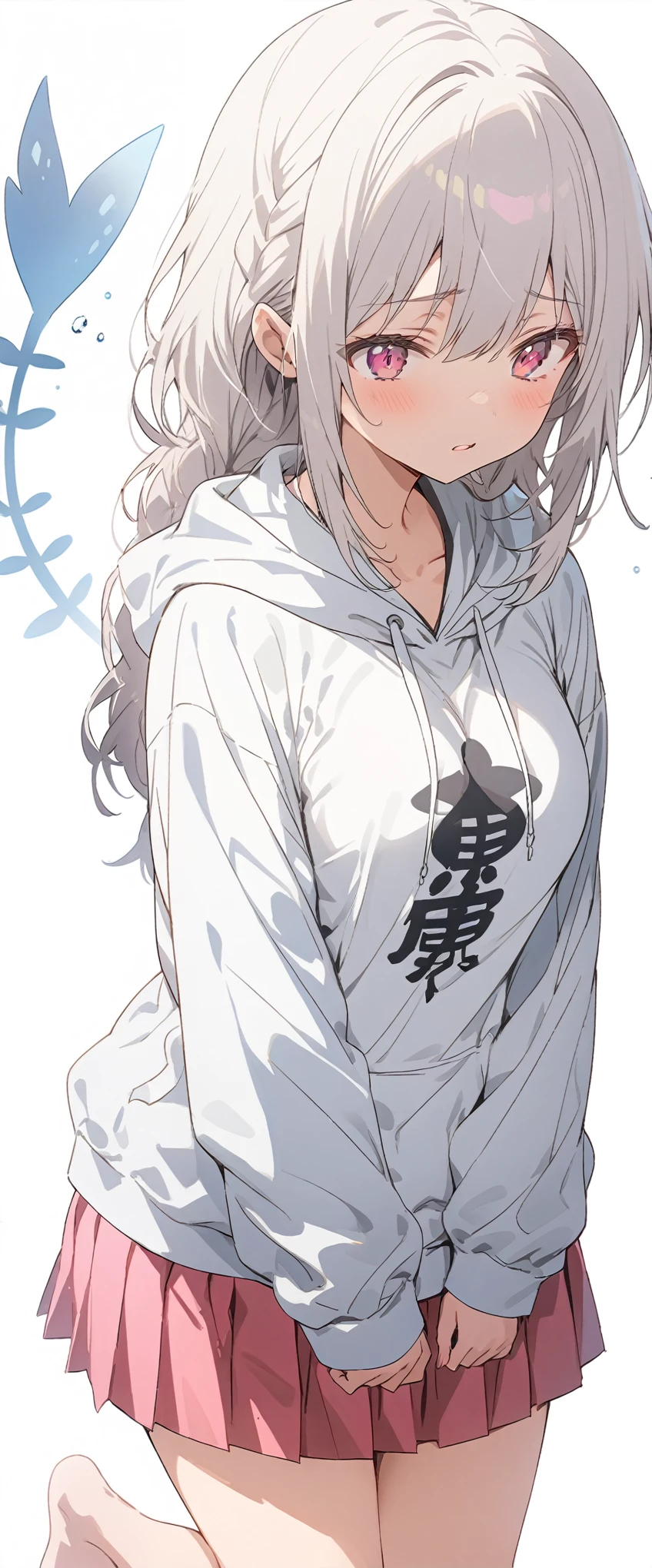 White background、white background、Blank background、Ultra-high resolution, highest quality,Solo,just standing girl, One young girl、Full body view from the front、fish-bone braid hair、Fishbone Hair、grayish white hair、beautiful detailed eyes、Grey hair x pink eyes、pink eyes、Drop your gaze、face down、Depressed expression、Ample breasts、Plain white hoodie、Pink pleated skirt、barefoot