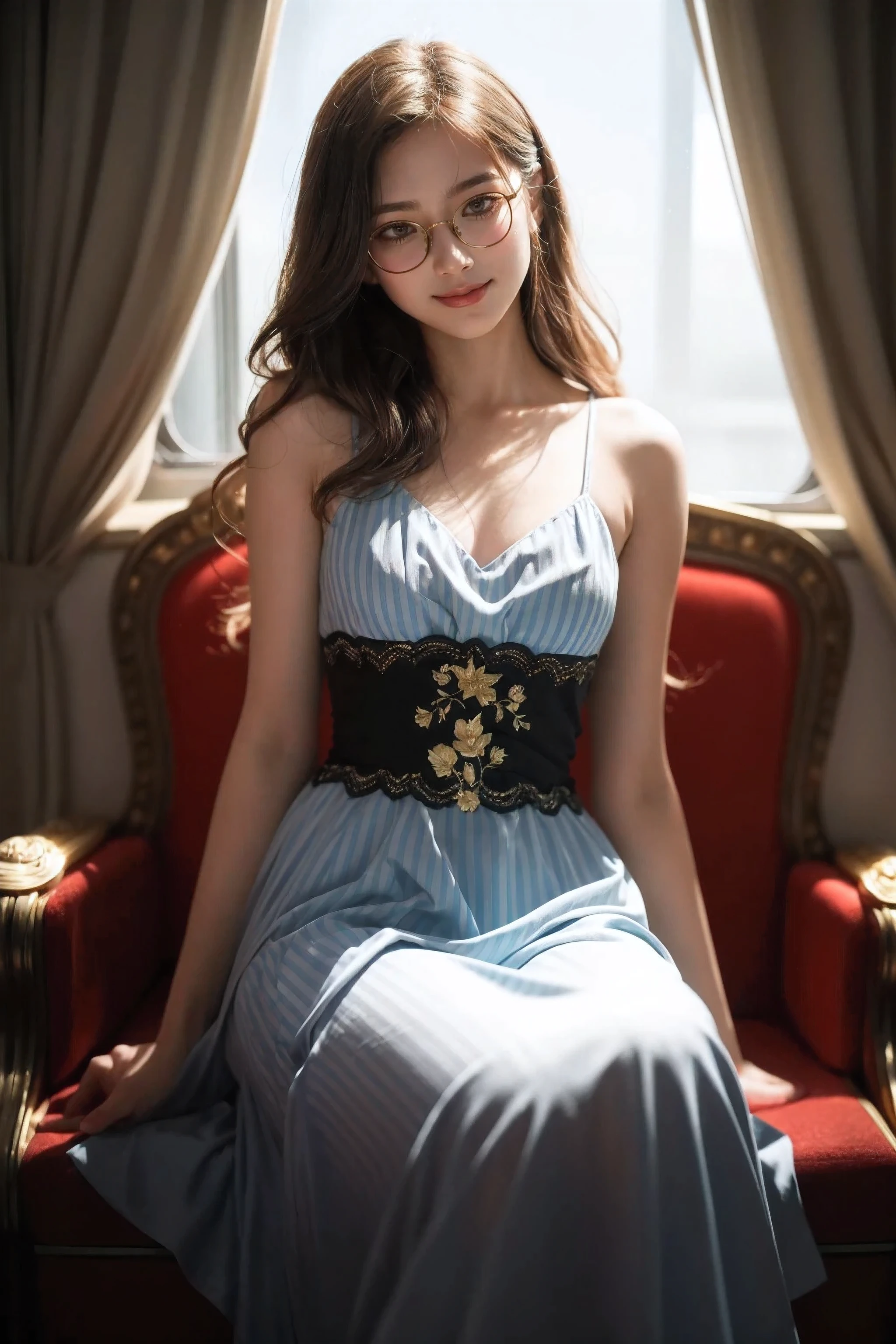 (best quality, Super detailed, Golden Ratio, masterpiece:1.2), Stage lighting:0.7, Photo of a woman, Wearing very elegant and beautiful clothes, Perfect rare face, (Very delicate skin), Feel free to dye your hair, Cover your mouth with your hands、laugh at, Texture, Pale skin, shiny skin, (Thin, large size:1.2), [:(Keen attention to rare faces, Perfect eyes:1.2):0.2], Reality, Film Grain, Take a step forward、Looking from the bottom up、Looking at the camera、Emphasize shoulders, focus on face、stocking、Glasses、The corners of his mouth rise into a smile、Contemptuous expression, Summer mist, Soft colors, Soft warm colors, Photo Movie portrait of a woman dressed in a striped dress sitting by the window in the early morning, Movie, (incline:1.3) (On an old train) Careful, Standing in the spotlight with dust cloud, Key Light, Backlight, Soft natural lighting, PhotographyFilm Grain ISO 400 30 mm lens RAW f1.8 aperture, Very detailed (Analog Photography:1), Color HDR