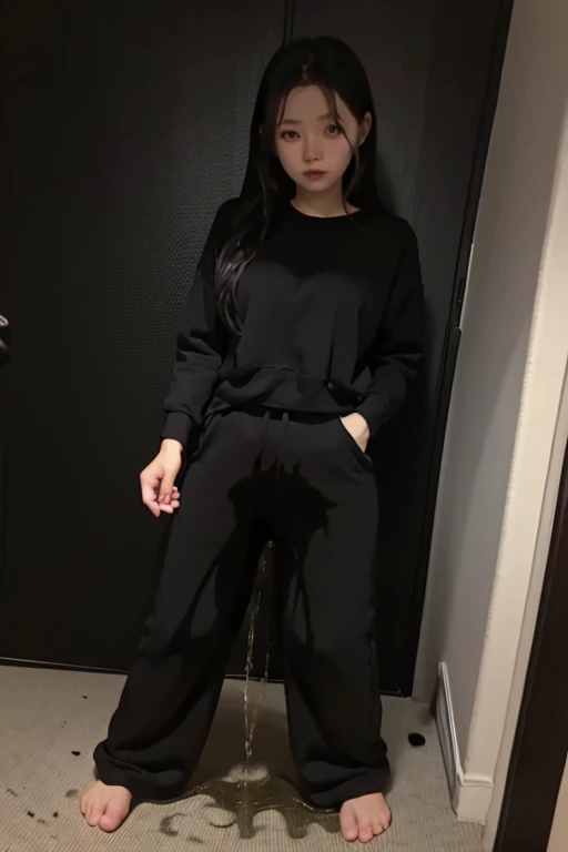 Japanese Girl sees the ghost and pees her black palazzo pants until her pants are wet in fright.