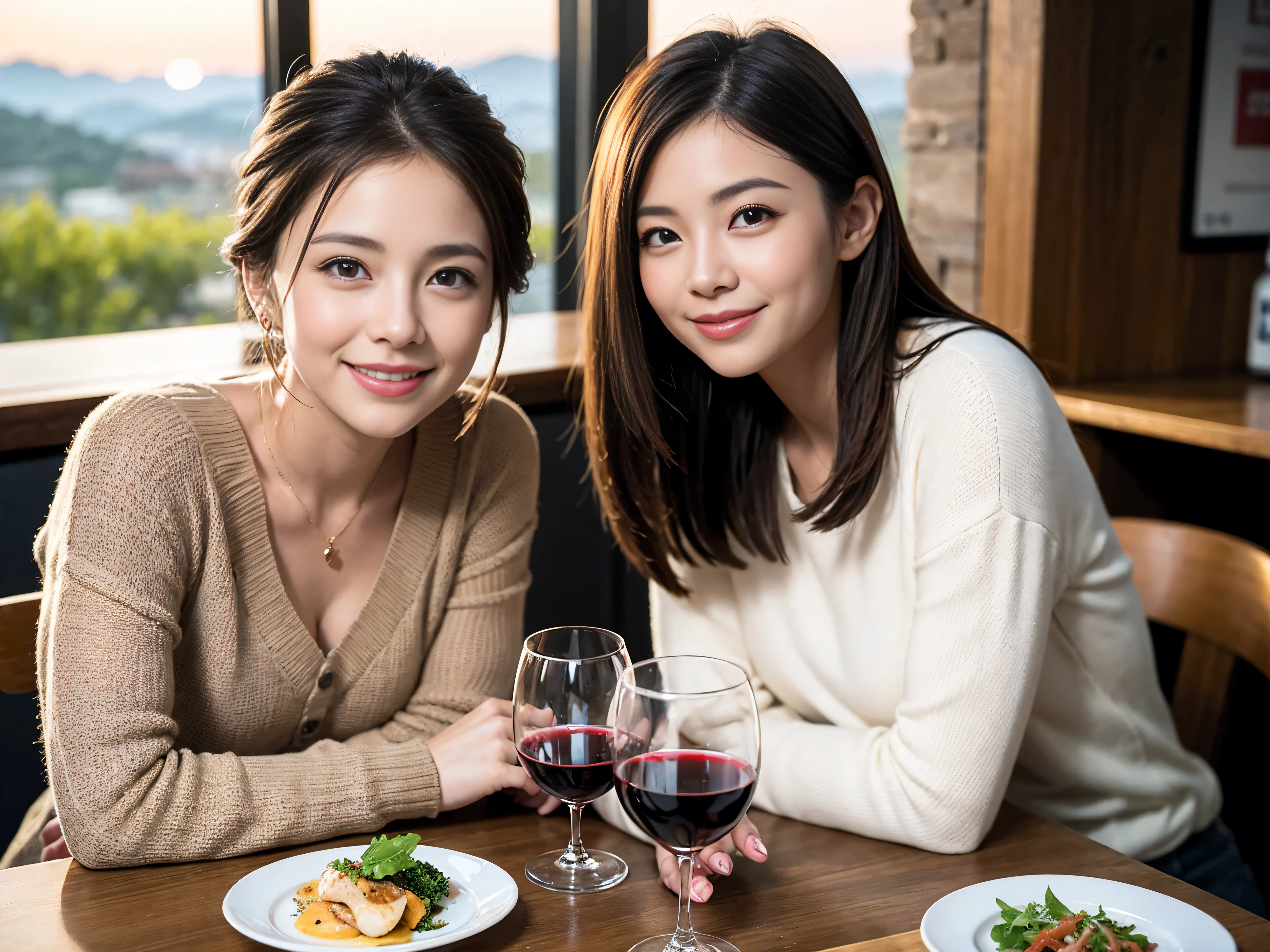 ((highest quality、8k、masterpiece:1.3))、1 male、1 female、Satomi Ishihara lookalike couple、Spouse、Brown Hair Couple、The body is slim、((Bob Hale、Straight hair:1.2)), (Realistic, Intricate details:1.2), Wine glass on the table、Shine light on your face、 Amazing view of the sunset sky and clouds、Amazing mountain views、A bright smile、The wonderfulness of smile、Bright image、The beauty of wine, Beautiful Face, blue eyes, The light shines on your face, Blushing, short hair,Bright Face、 (Age 36), 39 years old, red wine 、Appetizers、Italian food、Wine bottle、Champagne、sparkling wine、Two beauties、Brown Hair、Shortcuts、Long sleeve shirt、dress、Pretty Woman 1, (Slim face), (The body is slim), (Brown Hair), (Shortcuts), cheeks turn a little red,Attractive beauty、restaurant, In a prominent place (From the waist up) Nova Frog Style, actress, model, Upper Body, White wine, slim, wine glass, A wine glass placed in the center, smile, (smile: 1.15), Beautiful fine grain, Depth f/2,saturation, High Contrast, Strong light and shadow,Moist Body:1.5、3D texture、Delicate eyes、Brown Hair、The hair is very shiny、