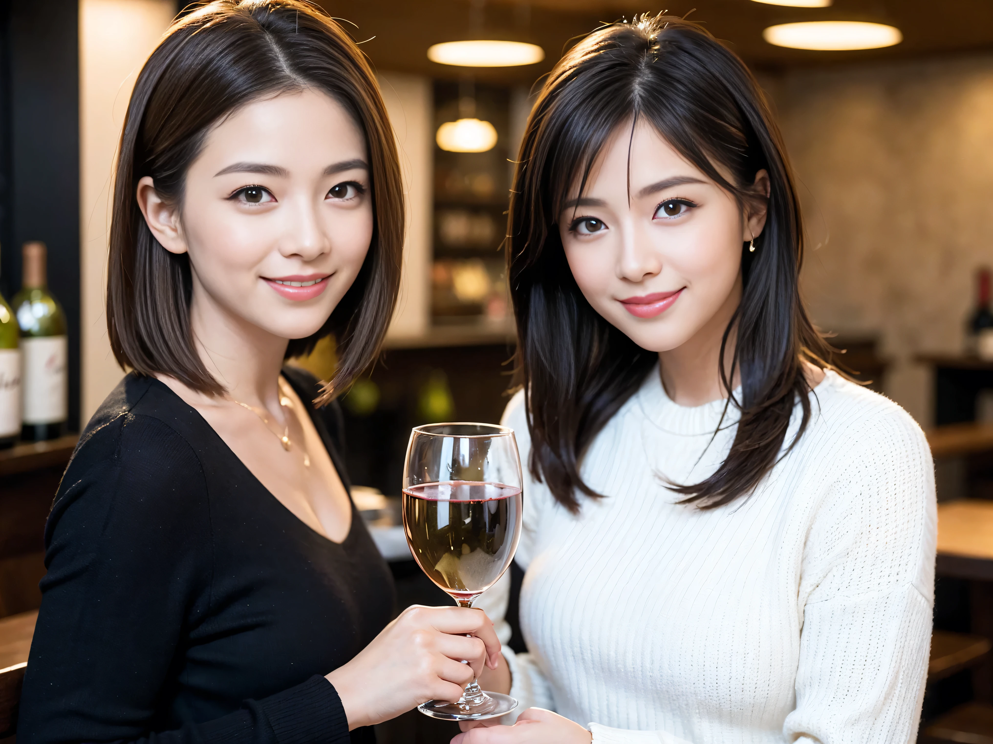 ((highest quality、8k、masterpiece:1.3))、1 male、1 female、Satomi Ishihara lookalike couple、Spouse、Brown Hair Couple、The body is slim、((Bob Hale、Straight hair:1.2)), (Realistic, Intricate details:1.2), Wine glass on the table、Shine light on your face、 Amazing view of the sunset sky and clouds、Amazing mountain views、A bright smile、The wonderfulness of smile、Bright image、The beauty of wine, Beautiful Face, blue eyes, The light shines on your face, Blushing, short hair,Bright Face、 (Age 36), 39 years old, red wine 、Appetizers、Italian food、Wine bottle、Champagne、sparkling wine、Two beauties、Brown Hair、Shortcuts、Long sleeve shirt、dress、Pretty Woman 1, (Slim face), (The body is slim), (Brown Hair), (Shortcuts), cheeks turn a little red,Attractive beauty、restaurant, In a prominent place (From the waist up) Nova Frog Style, actress, model, Upper Body, White wine, slim, wine glass, A wine glass placed in the center, smile, (smile: 1.15), Beautiful fine grain, Depth f/2,saturation, High Contrast, Strong light and shadow,Moist Body:1.5、3D texture、Delicate eyes、Brown Hair、The hair is very shiny、