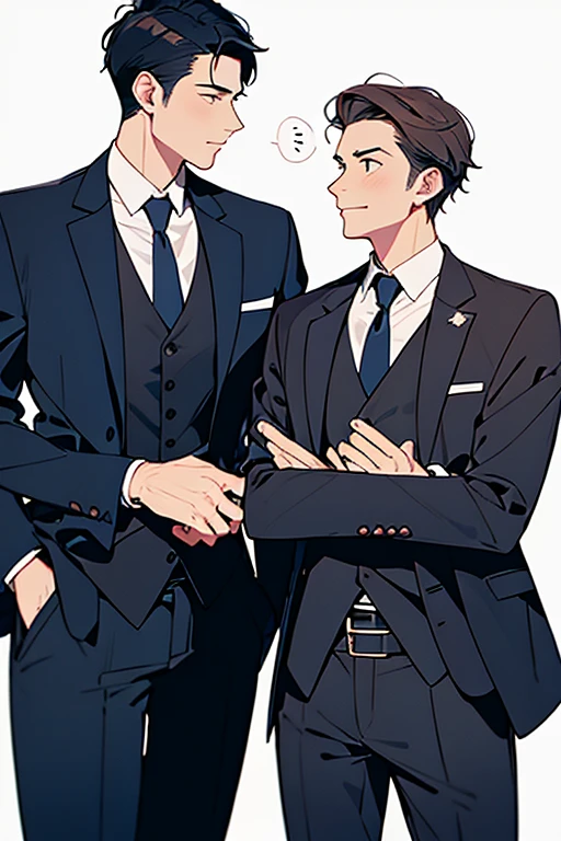 Two men in suits talking on white background
