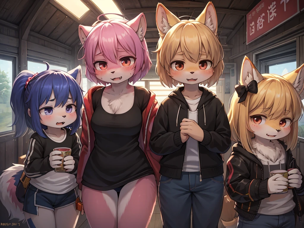 Kisaragi Station movie advertisement , Hallucination, flashback , Delusions of grandeur , Shocking moment , bad trip , Daydream , Steamy girly body , can not stand it any longer , I can't wait to eat it , Predator's Eyes , Disheveled clothing , Baring his fangs, he attacks the viewer , fps , Long muzzle , female , There are lots of highlights of the movie , realistic hairy fur , round face , moist round eyes , Swollen cheeks , hair ties , Short stature