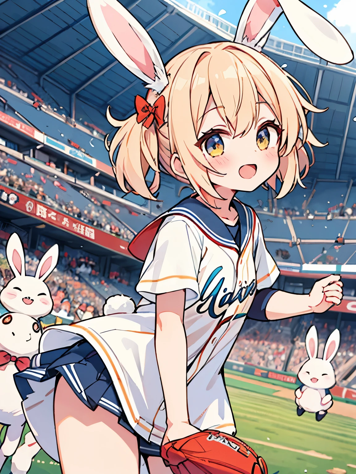 cute, baseball, Fukuoka Softbank Hawks, fantasy wonderland, 1 girl, Stinking eyes, Rabbit, dynamic angle, game CG