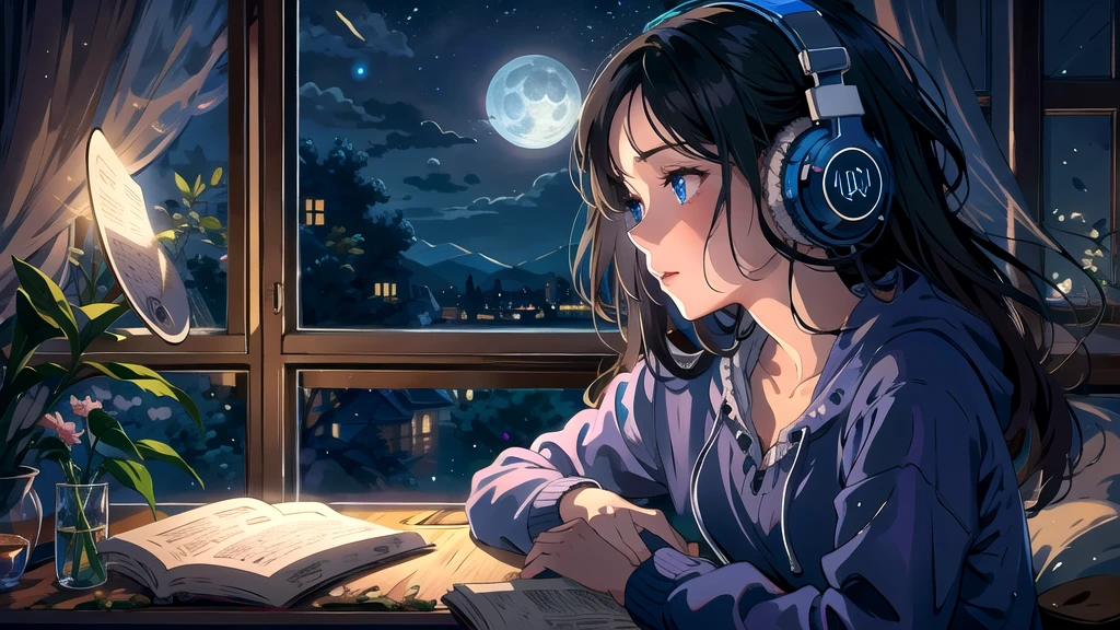 Create an illustration of a girl with dark hair and blue eyes, sitting sideways in front of the window of her room, She is wearing headphones and has a sentimental and introspective expression, Moonlight softly shines into the room, gently illuminating the space, Curtains sway in the breeze, enhancing the serene, melancholic atmosphere, Emphasizing the themes of solitude, silence, and the depths of night, the room is dark but slightly illuminated by moonlight