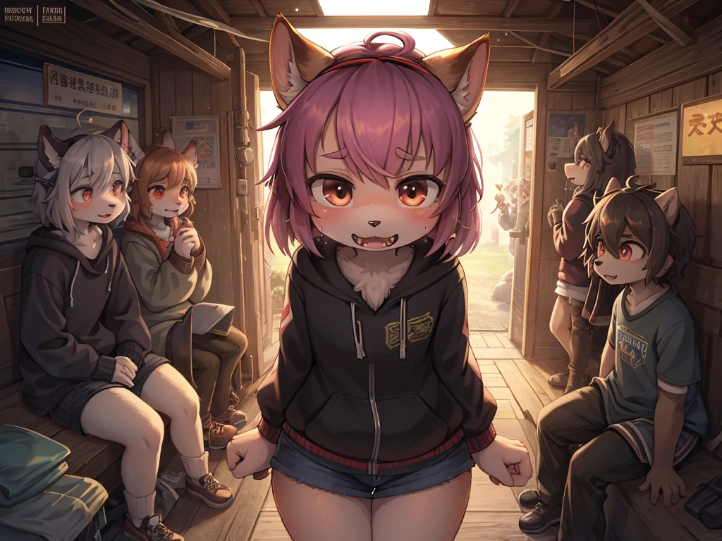 Kisaragi Station movie advertisement , Hallucination, flashback , Delusions of grandeur , Shocking moment , bad trip , Daydream , Steamy girly body , can not stand it any longer , I can't wait to eat it , Predator's Eyes , Disheveled clothing , Baring his fangs, he attacks the viewer , fps , Long muzzle , female , There are lots of highlights of the movie , realistic hairy fur , round face , moist round eyes , Swollen cheeks , hair ties , Short stature