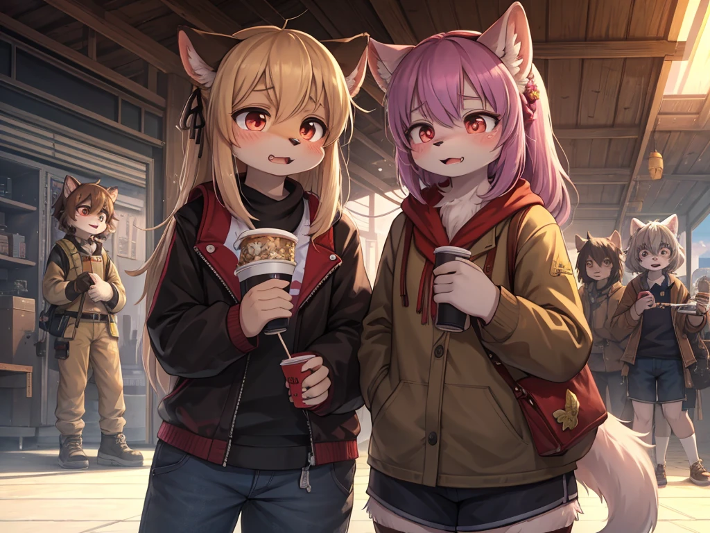 Kisaragi Station movie advertisement , Hallucination, flashback , Delusions of grandeur , Shocking moment , bad trip , Daydream , Steamy girly body , can not stand it any longer , I can't wait to eat it , Predator's Eyes , Disheveled clothing , Baring his fangs, he attacks the viewer , fps , Long muzzle , female , There are lots of highlights of the movie , realistic hairy fur , round face , moist round eyes , Swollen cheeks , hair ties , Short stature