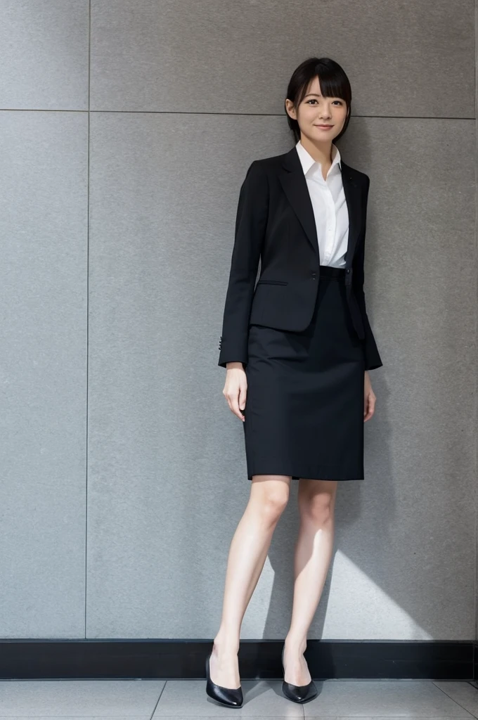 pure japanese woman,No shoes,Career woman,Perfect Face, black job interview suit, Full body images, skirt, Inside the company