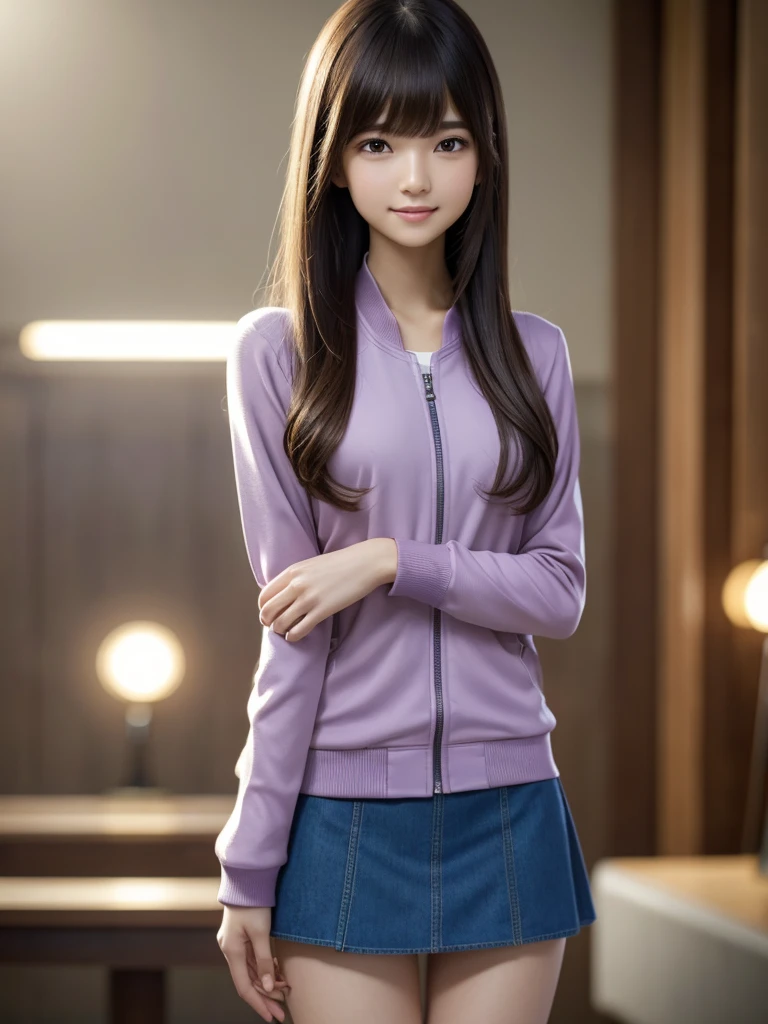 (8k, RAW Photos, highest quality, Tabletop:1.2), (Realistic, Photorealistic:1.4), (Highly detailed 8k wallpaper), Sharp focus, Depth of written boundary, Blur the background, Bokeh, Cinema Lighting, Soft Light, (whole body), 1 girl,18 years old famous Japanese idol, Perfect female body, indoor, (Purple jersey jacket and denim micro mini skirt : 1.3), (Long, slender legs), (smile), Glossy lips, Beautiful fine details,Natural Makeup, Shiny, smooth, light brown medium-long hair, Asymmetrical bangs, Shiny skin, Center image, High resolution, Attention to detail, Detailed hairstyle, Detailed face, 素晴らしいCinema Lighting, Octane Rendering, Vibrant, Ultra-realistic, Perfect limbs, Perfect Anatomy