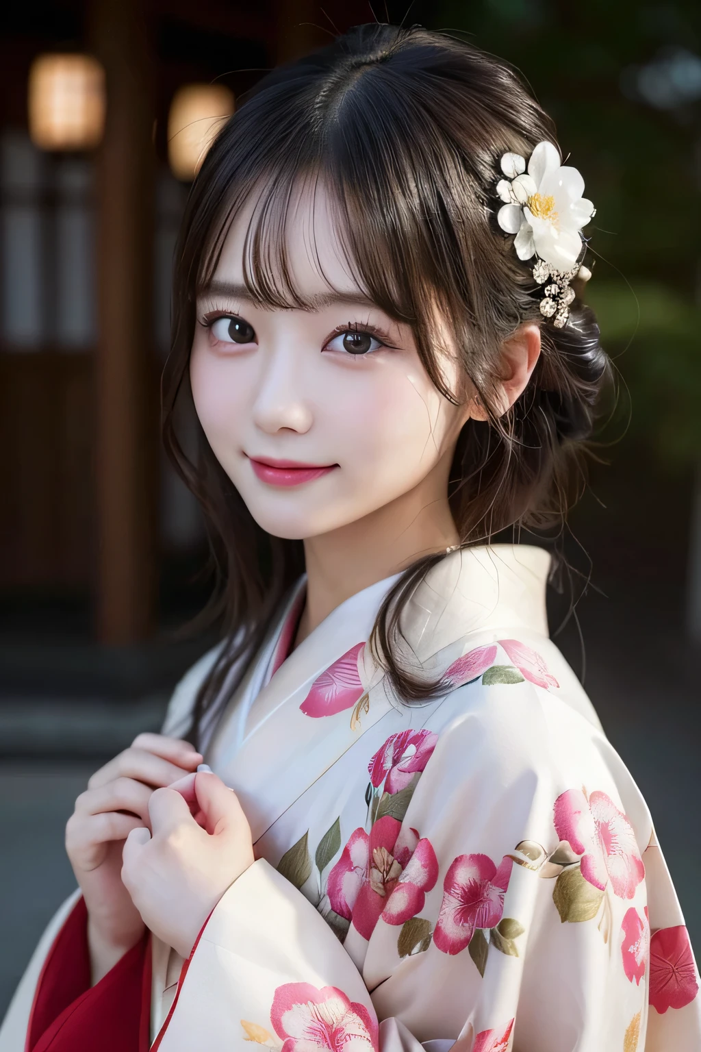 （formal kimono）、masterpiece、beautiful girl、Beautiful detailed eyes、highest quality, 超A high resolution, (reality: 1.2), Cinema Lighting、(Japanese Girls)、so beautiful、Beautiful Skin、(Looking at the audience)、(Surreal)、(High resolution)、(8k)、(Very detailed)、(Beautiful fine details)、(Very detailed)、 (wallpaper)、Detailed face、Bright lighting、Professional Lighting、Smile