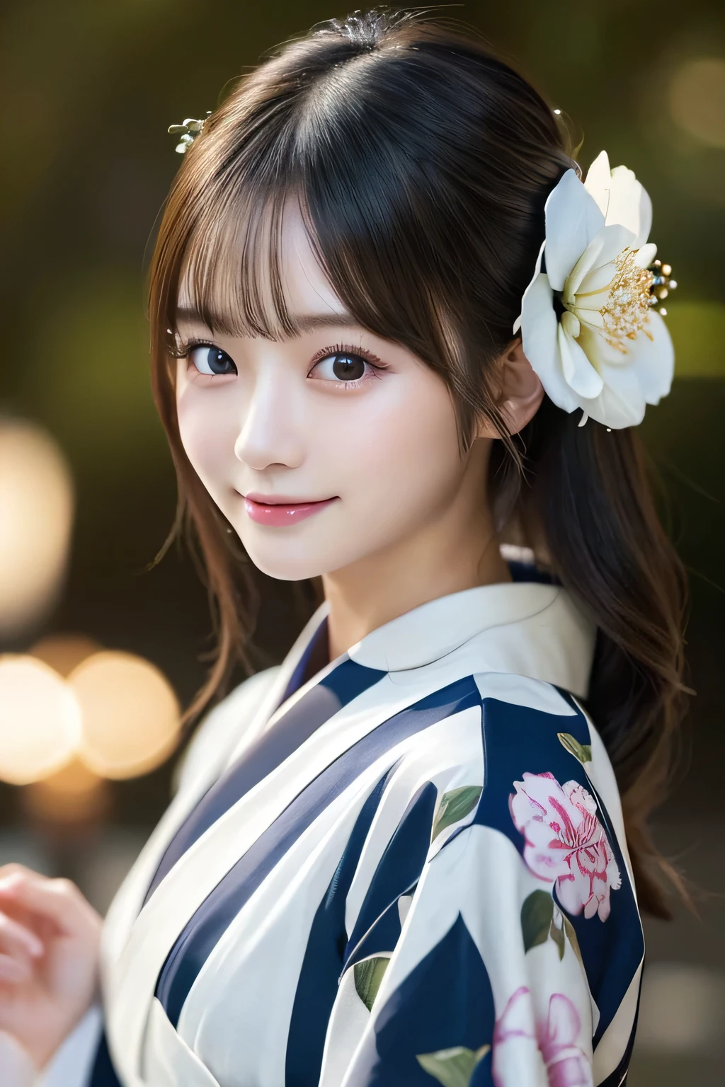 （formal kimono）、masterpiece、beautiful girl、Beautiful detailed eyes、highest quality, 超A high resolution, (reality: 1.2), Cinema Lighting、(Japanese Girls)、so beautiful、Beautiful Skin、(Looking at the audience)、(Surreal)、(High resolution)、(8k)、(Very detailed)、(Beautiful fine details)、(Very detailed)、 (wallpaper)、Detailed face、Bright lighting、Professional Lighting、Smile