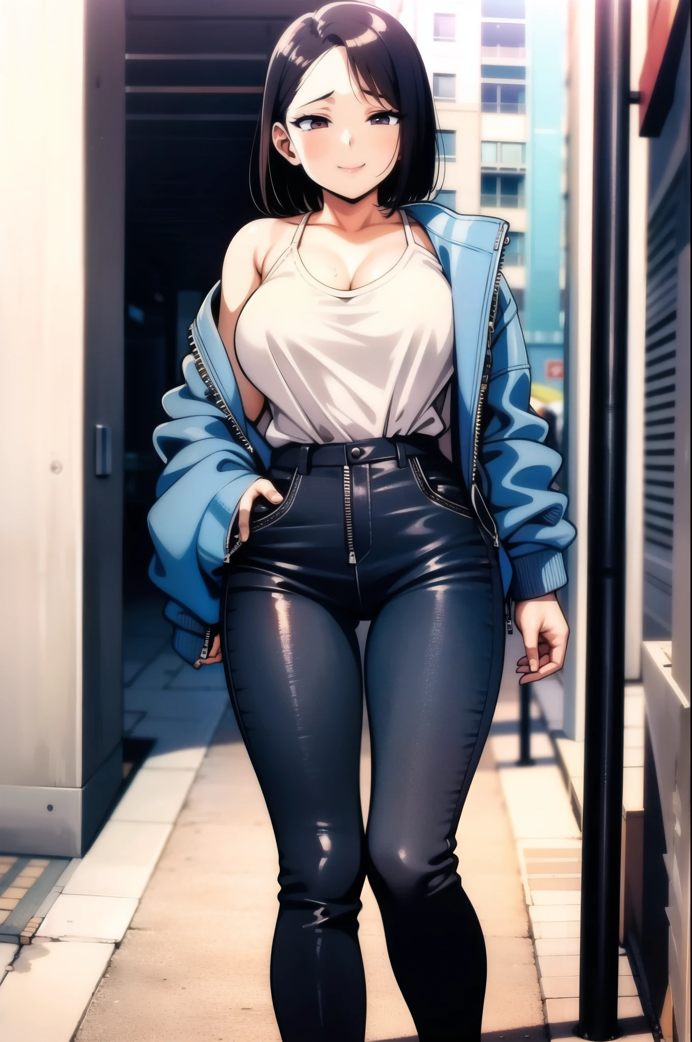 Mature female, pubic hair, unzipped pants, sexy pose, on the street, in public, everyone watching, mesugaki expression 