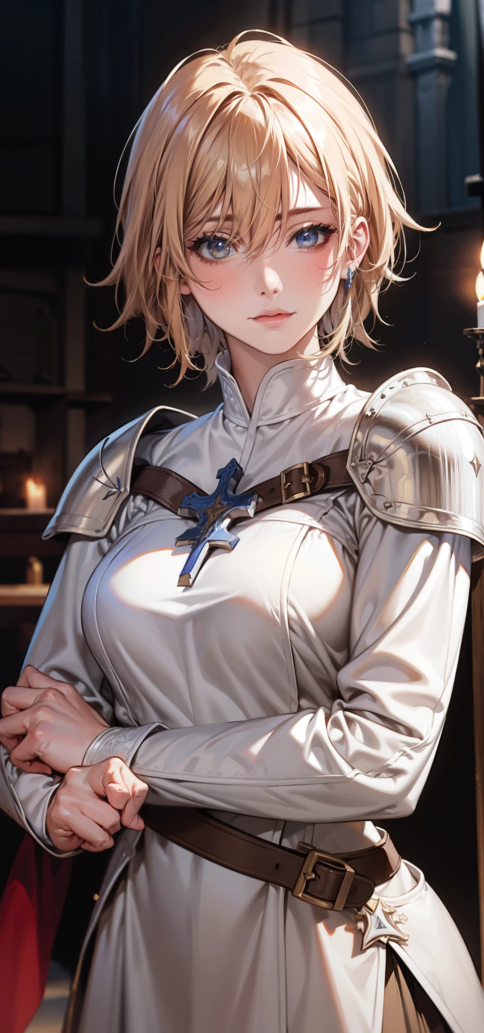 Joan of Arc, Medieval France, and skinny, White surcoat and cross armor, adobe photoshop, realistic digital painting, Historical portraits, High resolution, Warm candlelight, symbolic art, Brave, Resolute expression, exciting atmosphere