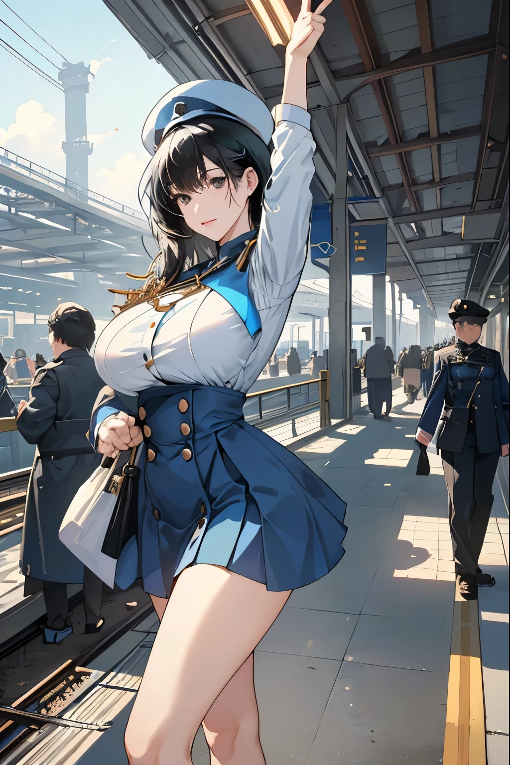 Only one female, Are standing, (Extend your arms towards the viewer:1.1) (Point with your index finger:1.2), (conductor) (Calm blue uniform) Have, Mature Woman, /(Black Hair/) bangs, (A light smile:0.8), (Masterpiece of the highest quality:1.2) Delicate illustrations, super detailed, Big Breasts, White Glove Break (Station platform:1.2), (Trains that have stopped), roof, Crowded, noon, Detailed Background