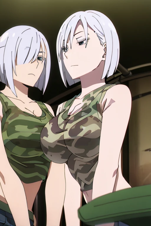 (Best Quality, masterpiece, High resolution, anime screen cap, anime colours), White hair, Fiona Frost, Lewd Face:1.3, (large full breasts:1.5), cleavage, (Thin fabric, Camo tank top:1.8, no-bra:1.5), Slimed, Leaning forward, Upper body, Bedrooms, (Perfect Anatomy, perfect detailed body, Eyes and hair in beautiful detail, Beautiful breasts and skin), armpits, armpits visible,