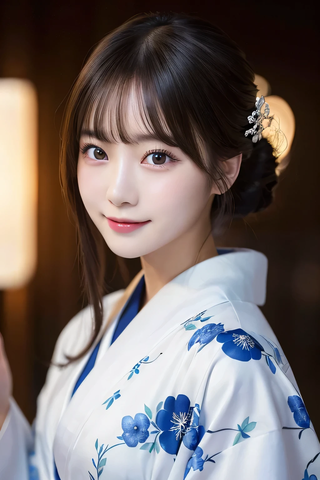 （formal kimono）、masterpiece、beautiful girl、Beautiful detailed eyes、highest quality, 超A high resolution, (reality: 1.2), Cinema Lighting、(Japanese Girls)、so beautiful、Beautiful Skin、(Looking at the audience)、(Surreal)、(High resolution)、(8k)、(Very detailed)、(Beautiful fine details)、(Very detailed)、 (wallpaper)、Detailed face、Bright lighting、Professional Lighting、Smile