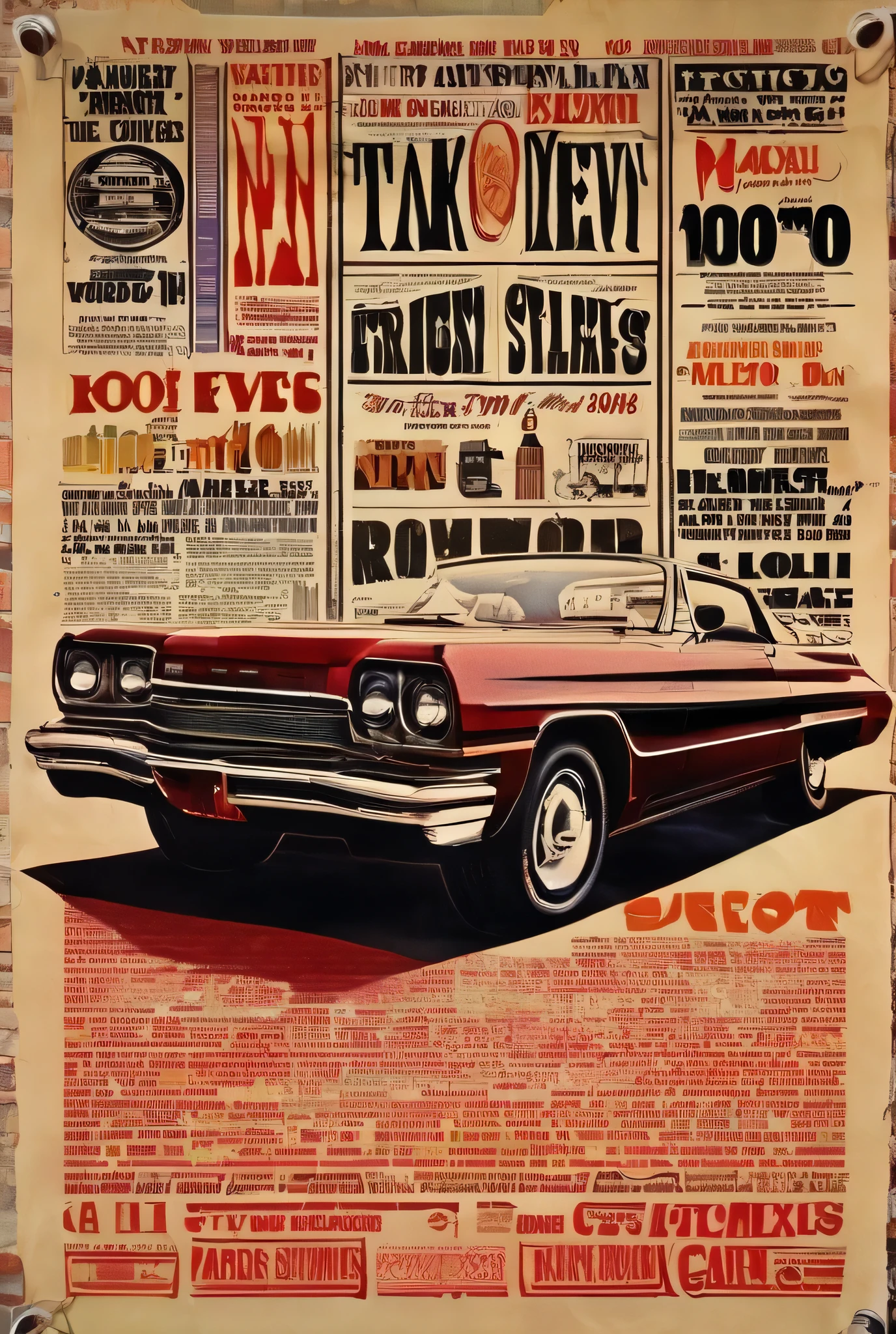 A depiction of a ficticious poster representing music from the 1960's to 1990, in a Nostalgic style for artists like, Hits from my younger days, Roxette, Alanis Morrisette, Annie Lennox, Ah-ha, Take That, Roy Orbison, Beach Boys, Cat Stevens, Kenny Rogers, BZN, Queen, Eddie Grant, Bob Dylan, faded news paper, brown paper bag, Style old movie posters 1968 to 1977, written in two word at the top, in red lines and bold font, N O S T A L G I E, V O L 1