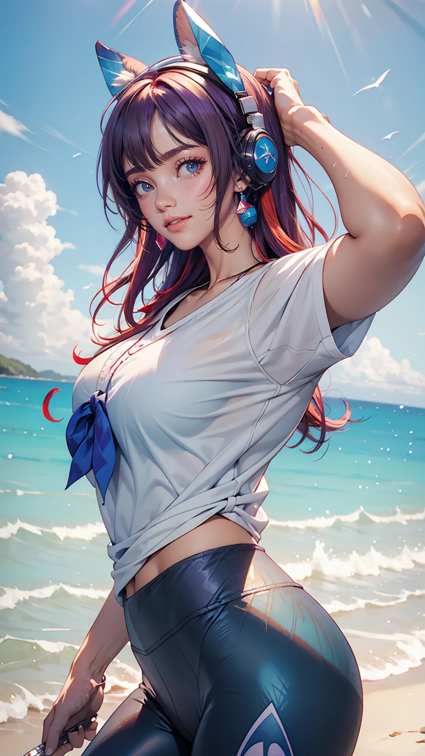uta (one piece), There is eiichirou,, , One girl, :d, bangs, blue ribbon, diamond-shaped pupils, diamond (shape), Hair between the eyes, Headphones, Long Hair, multicoloRedhead, Open your mouth, Purple eyes, Redhead, ribbon, shirt, sign, No sleeve, No sleeve shirt, smile, alone, ((Split Color Hair)), symbol-shaped pupils, Gray Hair, white shirt, Ocean, One eye is covered, watercolor,, , 、Wear leggings
