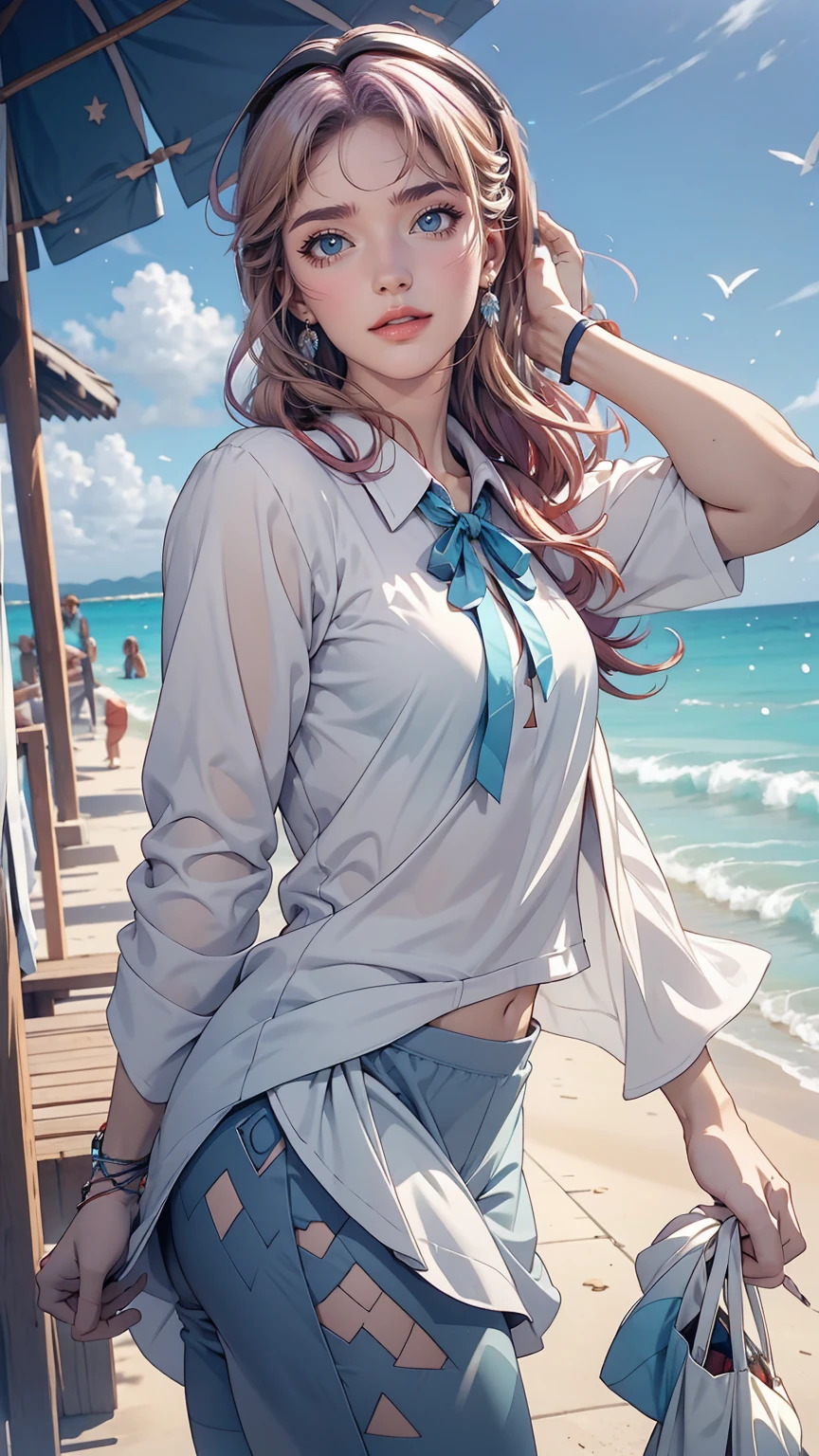 uta (one piece), There is eiichirou,, , One girl, :d, bangs, blue ribbon, diamond-shaped pupils, diamond (shape), Hair between the eyes, Headphones, Long Hair, multicoloRedhead, Open your mouth, Purple eyes, Redhead, ribbon, shirt, sign, No sleeve, No sleeve shirt, smile, alone, ((Split Color Hair)), symbol-shaped pupils, Gray Hair, white shirt, Ocean, One eye is covered, watercolor,, , 、Wear leggings