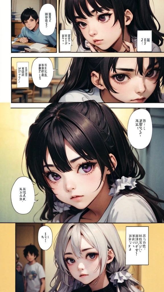 (masterpiece, highest quality), detailed, comics, Battle Scenes, boy battle against other boys, School fight, Manga Page, Doujinshi, Download contents, anime, Branch Panel, (From right to left, Top to bottom), 1boy, (others boys, Various random faces, Various random hairs), (1boy, boy, Short black hair, T-Shirts, detailedが満載)、The girl has milky white hair on top of her head, gradating to purple at the ends, and has long, straight hair braided in two ponytails.、The girl&#39;s characteristic is yinji,1girl,solo, purple eyes, long hair, twin braids, purple hair, multicolored hair, elbow gloves, bangs, very long hair,bare shoulders, black skirt, grey hair, dress, smile, side cutout,covered navel, side cutout,
