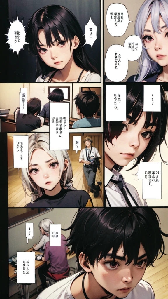 (masterpiece, highest quality), detailed, comics, Battle Scenes, boy battle against other boys, School fight, Manga Page, Doujinshi, Download contents, anime, Branch Panel, (From right to left, Top to bottom), 1boy, (others boys, Various random faces, Various random hairs), (1boy, boy, Short black hair, T-Shirts, detailedが満載)、The girl has milky white hair on top of her head, gradating to purple at the ends, and has long, straight hair braided in two ponytails.、The girl's characteristic is yinji,1girl,solo, purple eyes, long hair, twin braids, purple hair, multicolored hair, elbow gloves, bangs, very long hair,bare shoulders, black skirt, grey hair, dress, smile, side cutout,covered navel, side cutout,