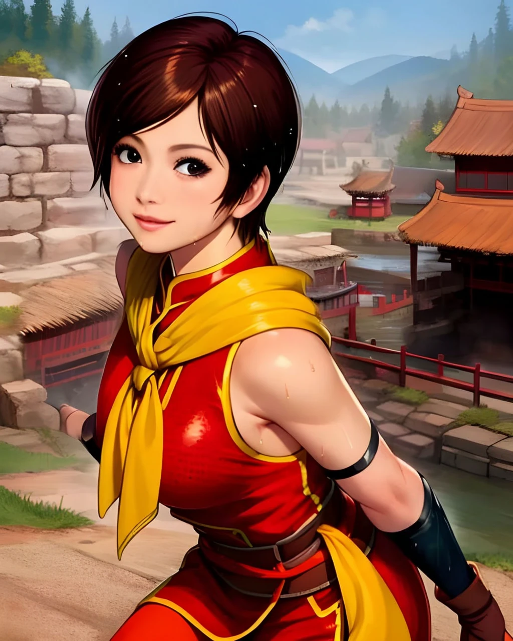 Irene, Brown short hair, Are standing, smile, Cute expression,Upper Body, Fingerless gloves,boots, Yellow scarf, Chinese clothes with polka dots, Elbow pads, ribbon, belt, Dirty Water, , Stone ruins, Are standing,Upper Body,(Very detailed, Beautifully detailed face, masterpiece, highest quality), That's right Sakura、Cherry blossom petals、Cherry blossoms falling、Knotting hair、Colorful Hair、squint、Messy Hair、Messy Hair、Sloppy、squint、Drunk、(fool/Sexual Ecstasy)、highest quality、Genuine、Super delicate illustration、Beautiful and attractive anime girl、Slender body、Tied Hair、One Girl、Girl Photos、Full Body Shot、Beautiful red eyes、Japanese