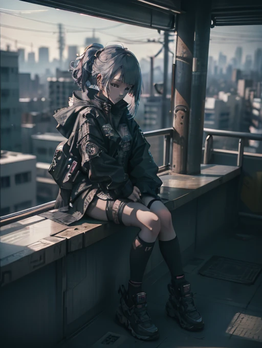 There is a woman sitting on the windowsill overlooking the city，cyberpunk anime girl，Cyberpunk 2 0y。 o Model Girl，Highly detailed shot of a giantess，real life anime girls，Fantasy cyberpunk girl，Realistic anime girl rendering，Set on a Tokyo rooftop，Cyberpunk beautiful girl，Realistic animation，女性cyberpunk anime girl，Anime style mixed with Fujifilm
