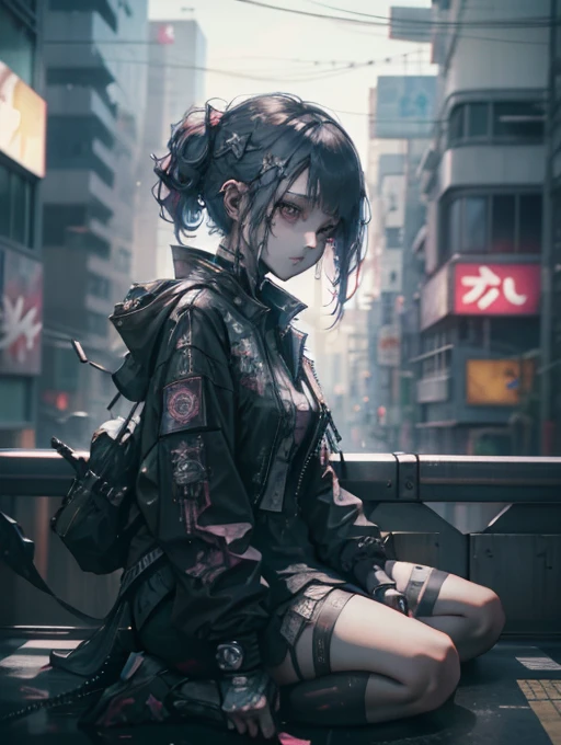 There is a woman sitting on the windowsill overlooking the city,cyberpunk anime girl,Cyberpunk 2 0y。 o Model Girl,Highly detailed shot of a giantess,real life anime girls,Fantasy cyberpunk girl,Realistic anime girl rendering,Set on a Tokyo rooftop,Cyberpunk beautiful girl,Realistic animation,女性cyberpunk anime girl,Anime style mixed with Fujifilm