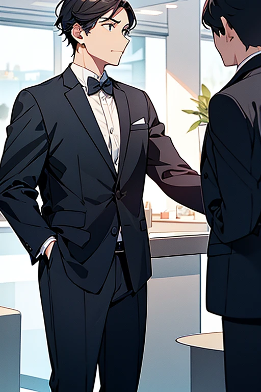 A standing man in a suit is talking to a standing customer 