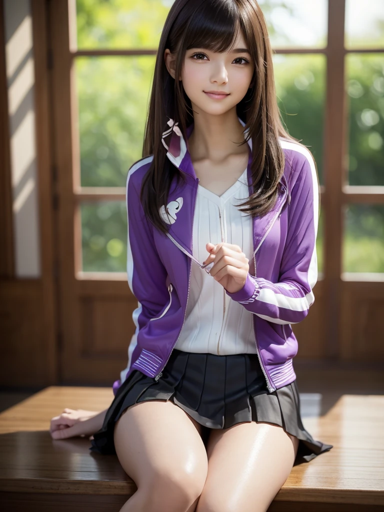 (8k, RAW Photos, highest quality, Tabletop:1.2), (Realistic, Photorealistic:1.4), (Highly detailed 8k wallpaper), Sharp focus, Depth of written boundary, Blur the background, Bokeh, Cinema Lighting, Soft Light, (whole body), 1 girl,18 years old famous Japanese idol, Perfect female body, indoor, (Purple jersey jacket and black micro mini pleated skirt : 1.3), (Long, slender legs), (smile), Glossy lips, Beautiful fine details,Natural Makeup, Shiny, smooth, light brown medium-long hair, Asymmetrical bangs, Shiny skin, Center image, High resolution, Attention to detail, Detailed hairstyle, Detailed face, 素晴らしいCinema Lighting, Octane Rendering, Vibrant, Ultra-realistic, Perfect limbs, Perfect Anatomy