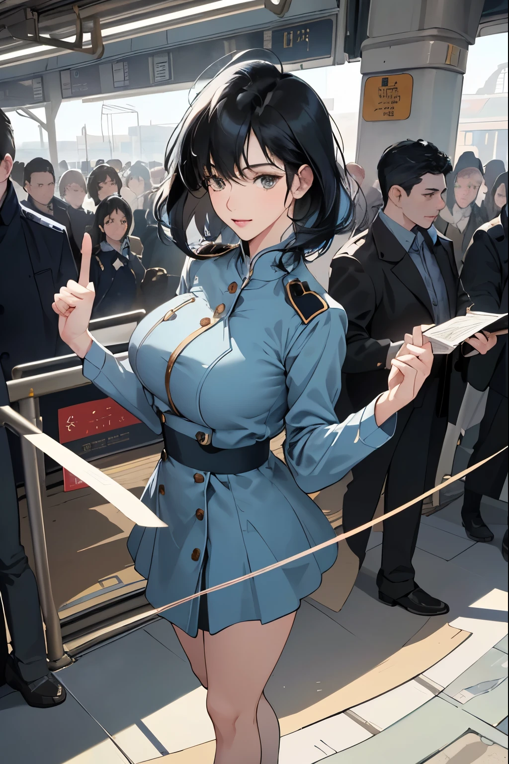 Only one female, Are standing, (Extend your arms towards the viewer:1.1) (Point with your index finger:1.2), (conductor) (Calm blue uniform) Have, Mature Woman, /(Black Hair/) bangs, (A light smile:0.8), (Masterpiece of the highest quality:1.2) Delicate illustrations, super detailed, Big Breasts, White Glove Break (Station platform:1.2), (Trains that have stopped), roof, Crowded, noon, Detailed Background